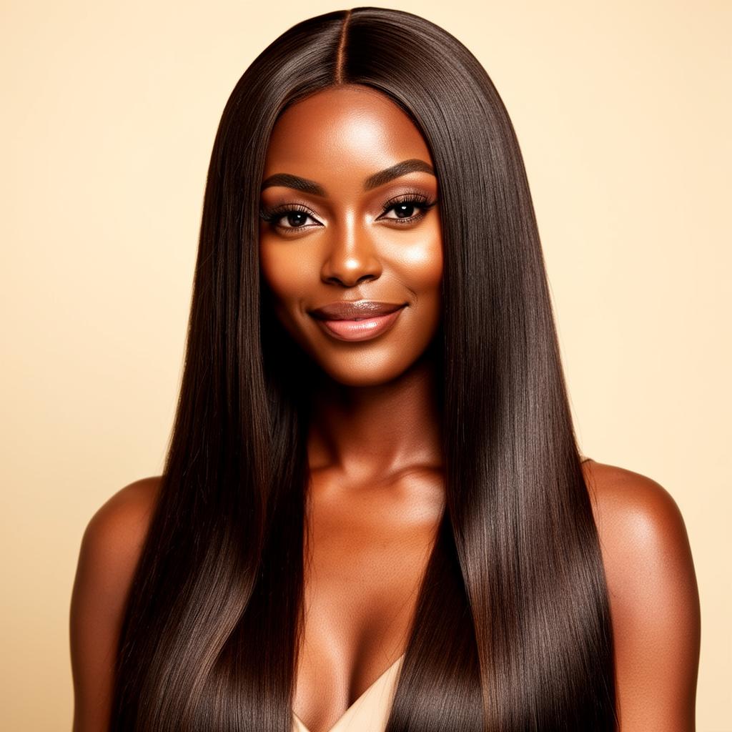 Beautiful model wearing a Lorri Luxe bone straight wig